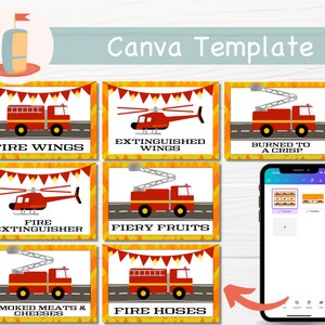 Cartelli alimentari per ragazzo di compleanno del camion dei pompieri, Suona l'allarme, Tende alimentari stampabili, Festa di compleanno del pompiere, Compleanno del neonato, Modello Canva