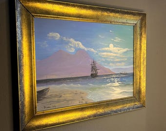 Vintage Oil Paint Sailing Ship and Sea İsland Decor