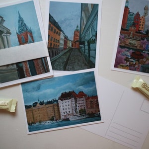 Stockholm Schweden Postkarten 4er-Pack | Nordische Kunst | Skandinavische Kunst | Reise | Schweden | Skandinavisch | Souvenir | Gamla stan Altstadt |