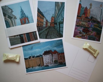 Stockholm Sweden Postcards set 4-pack | Nordic art | Scandinavian art | Travel | Schweden | Scandi | Souvenir | Gamla stan Old town |