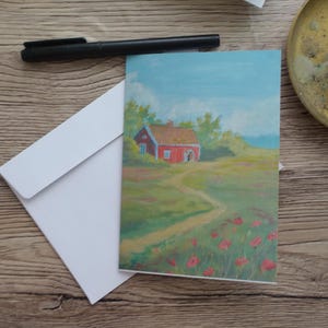 Biglietto d'auguri Cottage svedese Capanna Hygge Arte nordica Design scandinavo Pittura acrilica
