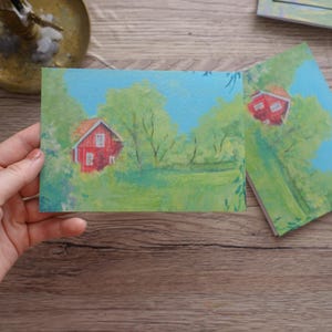 Biglietto d'auguri Cottage svedese Capanna Hygge Arte nordica Design scandinavo Pittura acrilica