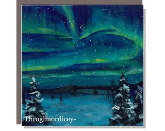 Northern lights Christmas Card Holiday Aurora borelias Sweden Nordic Lapland Finland Winter Landscape Nordic Hygge Snow Illustration Jul