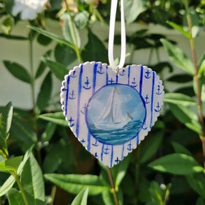 Handpainted Wooden Heart Ornament Double-Sided Scandinavian Folk Art Nordic Summer Design Resin Coated Christmas or Year-Round Decor