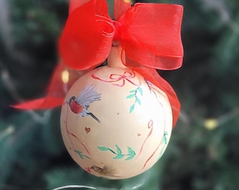 winter Birds Bullfinch Handpainted wood Ornament Christmas Bauble Scandinavian Nordic Hygge Cottagecore Bird Sweden Swedish  Handmade Gift
