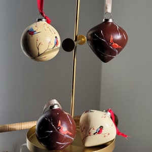 4-pack Ceramic ornaments Birds Cardinal Bullfinch Handpainted Christmas Bauble Scandinavian Hygge Cottagecore Sweden Swedish  Handmade Gift