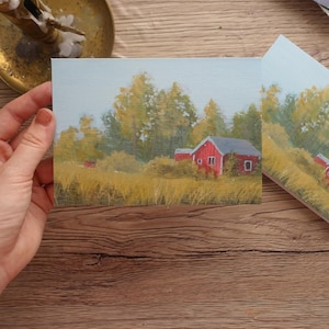 Biglietto d'auguri Cottage svedese Capanna Hygge Arte nordica Design scandinavo Pittura acrilica