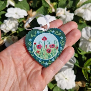 Handpainted Wooden Heart Ornament Double-Sided Scandinavian Folk Art Nordic Summer Design Resin Coated Christmas or Year-Round Decor