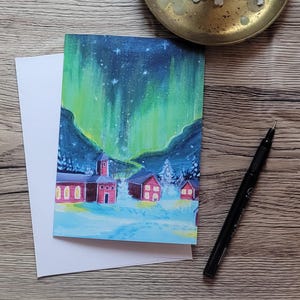 Gefaltete Nordlicht Weihnachtskarte Nordische Weihnachtskarte Skandinavische Illustration Grußkarte Winterdorf