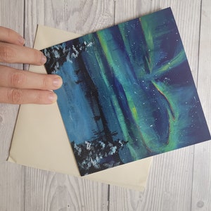 Nordlicht Weihnachtskarte Urlaub Aurora borelias Schweden nordisches Lappland Finnland Winter Landschaft nordisch Hygge Schnee Illustration Jul