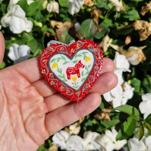 Handpainted Wooden Heart Ornament Double-Sided Scandinavian Folk Art Nordic Summer Design Resin Coated Christmas or Year-Round Decor