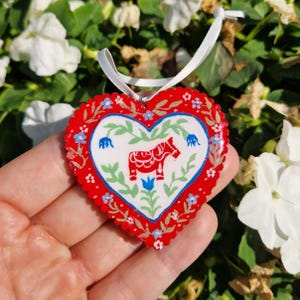 Handpainted Wooden Heart Ornament Double-Sided Scandinavian Folk Art Nordic Summer Design Resin Coated Christmas or Year-Round Decor