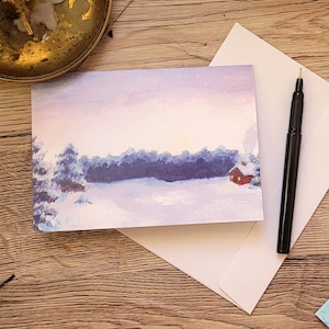 Weihnachtskarte Gefaltet Nordisch Mit Umschlag Winterlandschaft Lila Skandinavische Original Illustration Gemütliche Urlaub Grußkarte Winter