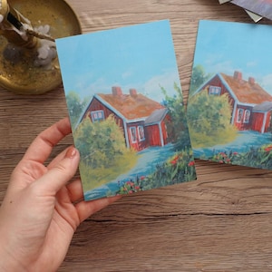 Carte de voeux Cottage suédois Cabane Hygge Art nordique Design scandinave Peinture acrylique