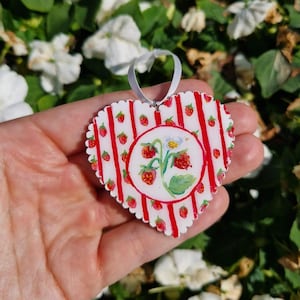 Handpainted Wooden Heart Ornament Double-Sided Scandinavian Folk Art Nordic Summer Design Resin Coated Christmas or Year-Round Decor
