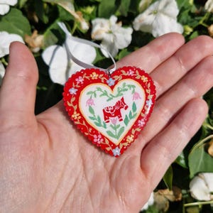 Handpainted Wooden Heart Ornament Double-Sided Scandinavian Folk Art Nordic Summer Design Resin Coated Christmas or Year-Round Decor