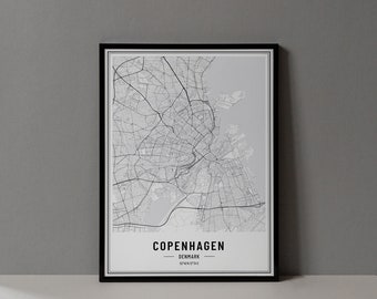 Copenhagen Denmark Map Digital Print, Copenhagen Map Poster, Copenhagen Map Wall Art, Copenhagen Art Print Road Map City Coordinates