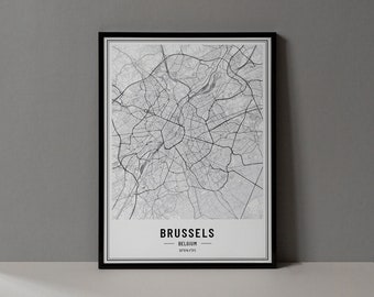 Brussels Belgium Map Digital Print, Brussels Map Poster, Brussels Map Wall Art, Brussels Road Map, Brussels Art City Coordinates Print