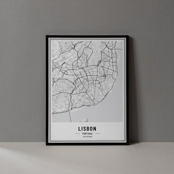 Lisbon Portugal Map Digital Print, Lisbon Map Poster, Lisbon Map Wall Art, Lisbon Road Map, Lisbon Art Print, Lisbon City Coordinates