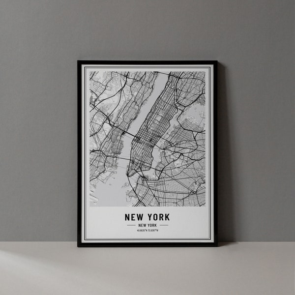 New York Map Digital Print, New York Map Poster, New York NY Wall Art, New York Art Print, New York City Coordinates, New York Map Download