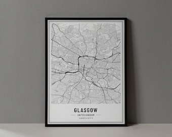 Impressão digital do mapa de Glasgow no Reino Unido, pôster do mapa de Glasgow, arte da parede do mapa de Glasgow, mapa de estradas de Glasgow, impressão artística de Glasgow Inglaterra coordenadas da cidade