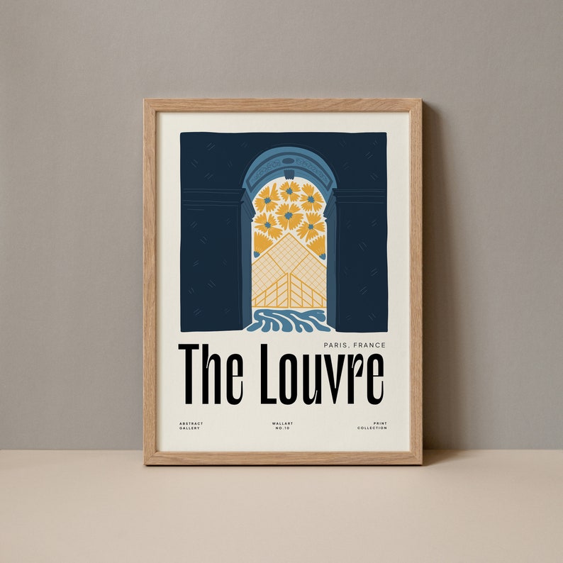 May include: A vintage-style poster with a blue and yellow illustration of the Louvre Museum in Paris, France. The poster reads "The Louvre" and "Paris, France".