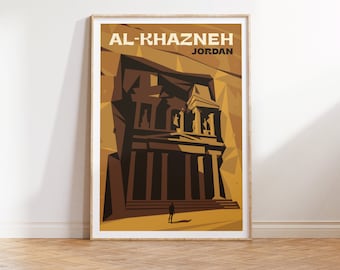 Cartaz de viagem de Al-Khazneh na Jordânia, pôster digital da Jordânia para download, ilustração de viagem impressa de Al-Khazneh na Jordânia, arte para casa na Jordânia