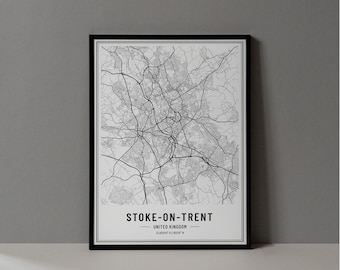 Impressão digital do mapa de Stoke-On-Trent do Reino Unido, pôster do mapa de Stoke-On-Trent, arte de parede do mapa de Stoke-On-Trent, pôster da cidade com impressão artística de Stoke-On-Trent Inglaterra