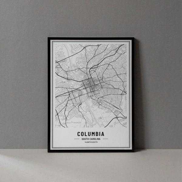 Columbia South Carolina Map Digital Print, Columbia SC Map Poster, Columbia SC Map Wall Art, Columbia SC Art Print Columbia City Coordinates