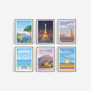 Set of 6 Travel Posters, Gallery Wall Art, Dorm Wall Art, Office Wall Art, Travel Print, Wanderlust Poster, Travel Gift, Travel Illustration