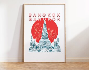 Impressão de arte digital de ilustração de Bangkok, arte de parede de galeria, arte de parede de dormitório, arte de parede de escritório, ilustração de viagem colorida, pôster Wanderlust