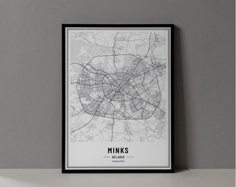 Minks Belarus Map Digital Print, Minks Map Poster, Minks Map Wall Art, Minks Road Map, Minks Art Print, Minks City Coordinates