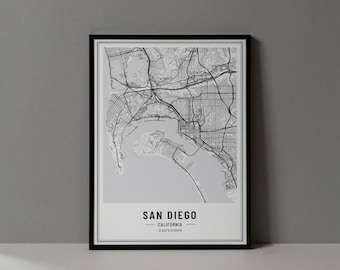 Mapa San Diego Kalifornia Wydruk cyfrowy, Plakat z mapą San Diego, Sztuka ścienna San Diego Kalifornia, Wydruk artystyczny San Diego, Współrzędne miasta San Diego