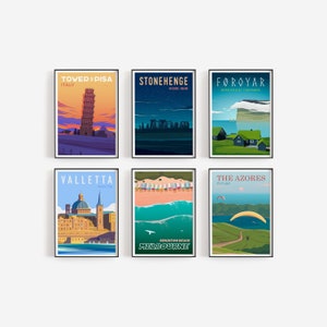 Set of 6 Travel Posters, Gallery Wall Art, Dorm Wall Art, Office Wall Art, Travel Print, Wanderlust Poster, Travel Gift, Travel Illustration