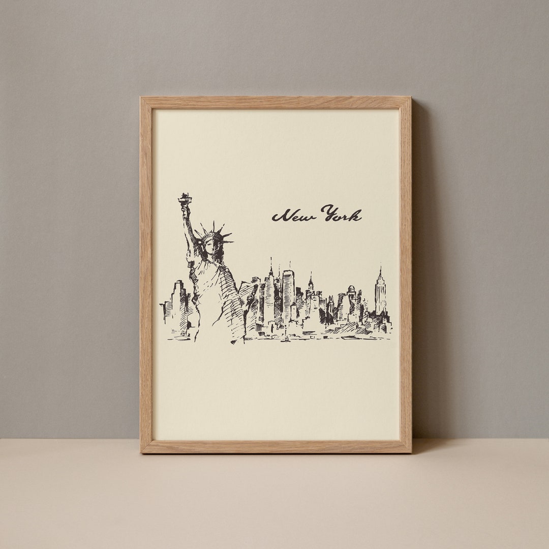 NYC Skyline Statue of Liberty Sketch Fine Art Print, New York City ...