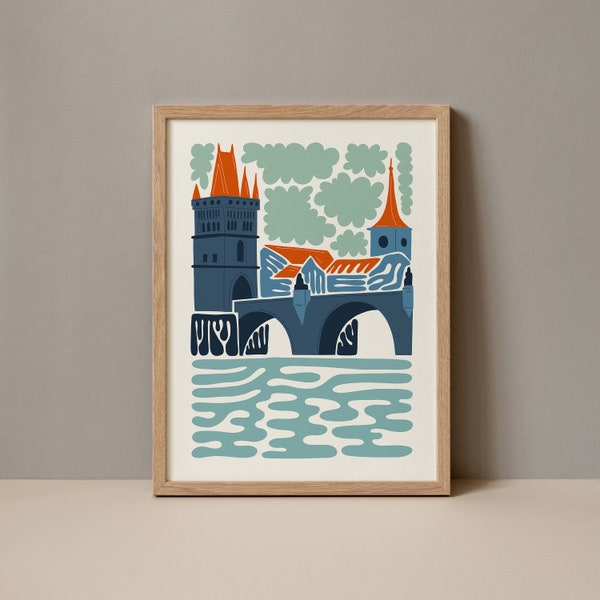 Affiche du pont Charles, impression de Prague, affiche de voyage à Prague, art du pont Charles, illustration du pont de la République tchèque, art emblématique de Prague
