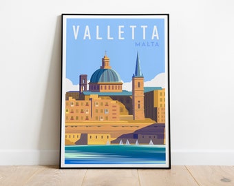 Póster de viaje a La Valeta, Malta, arte mural de La Valeta, impresión de viaje a La Valeta, Malta, póster de pasión por los viajes a La Valeta, Malta, ilustración artística de viaje