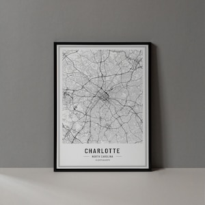 Impression numérique de carte de Charlotte en Caroline du Nord, affiche de carte de Charlotte, art mural de carte de Charlotte NC, impression d'art de Charlotte, coordonnées de la ville de Charlotte