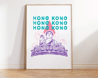 Hong Kong Illustration Digital Art Print, Gallery Wall Art, Dorm Wall Art, Office Wall Art, Colorful Travel Illustration, Wanderlust Poster