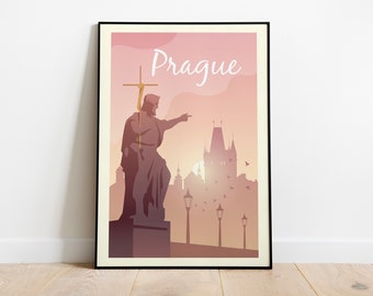 Prague Travel Poster, Prague Czech Republic Gallery Wall Art, Prague Print, Prague Office Wall Art, Prague Travel Print Gift Illustration