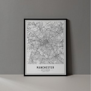 Impresión digital del mapa de Manchester, Reino Unido, póster del mapa de Manchester, arte mural del mapa de Manchester, mapa de carreteras de Manchester, impresión artística de la ciudad de Manchester, Inglaterra