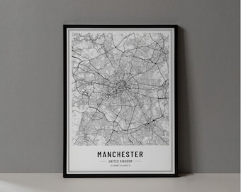 Manchester UK Map Digital Print, Manchester Map Poster, Manchester Map Wall Art, Manchester Road Map, Manchester England Art Print City