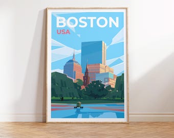 Boston Massachusetts Travel Poster, Boston Poster Print, Boston MA Poster Digital Download, Boston USA Travel Gift Digital Illustration Art