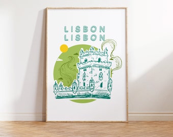 Lisbon Illustration Digital Art Print, Lisbon  Gallery Wall Art, Lisbon Dorm Art, Lisbon Office Wall Art, Lisbon Colorful Travel Poster