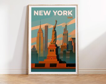 Póster de viaje de la Estatua de la Libertad de Nueva York, impresión de póster de la ciudad de Nueva York, descarga digital de póster de Nueva York, ilustración digital de viaje a Nueva York
