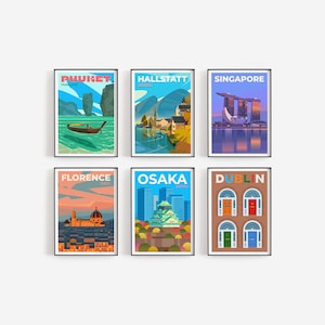 Set of 6 Travel Posters, Gallery Wall Art, Dorm Wall Art, Office Wall Art, Travel Print, Wanderlust Poster, Travel Gift, Travel Illustration