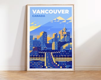 Vancouver reseaffisch, Vancouver Kanada affisch digital nedladdning konst, Vancouver Kanada resetryck reseillustration Kanada heminredning
