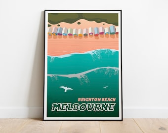 May include: A colorful illustration of beach huts on a sandy beach with turquoise ocean waves and seagulls flying overhead. The text "Brighton Beach MELBOURNE" is at the bottom of the image.