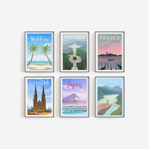 Set von 6 Reise Poster, Galerie Wandkunst, Wohnheim Wandkunst, Büro Wandkunst, Reise Print, Fernweh Poster, Reisegeschenk, Reise Illustration