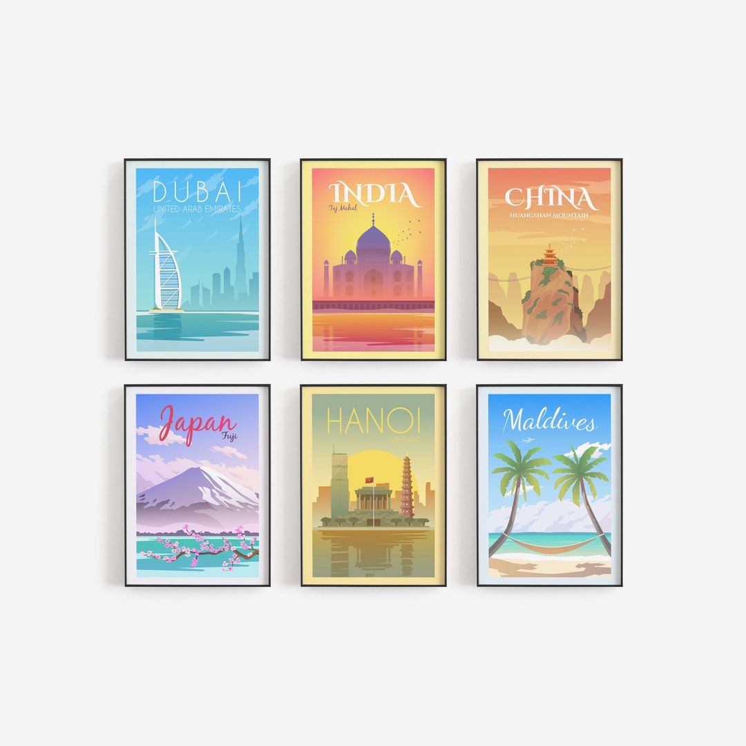 Set of 6 Travel Posters, Gallery Wall Art, Dorm Wall Art, Office Wall